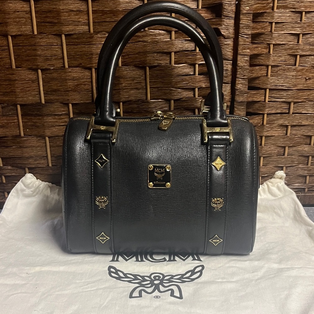 MCM Black Mini Satchel with Gold Accents